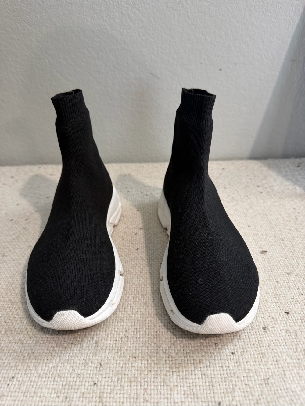 Steve Madden Black Knit Sock Sneaker Booties with White Soles